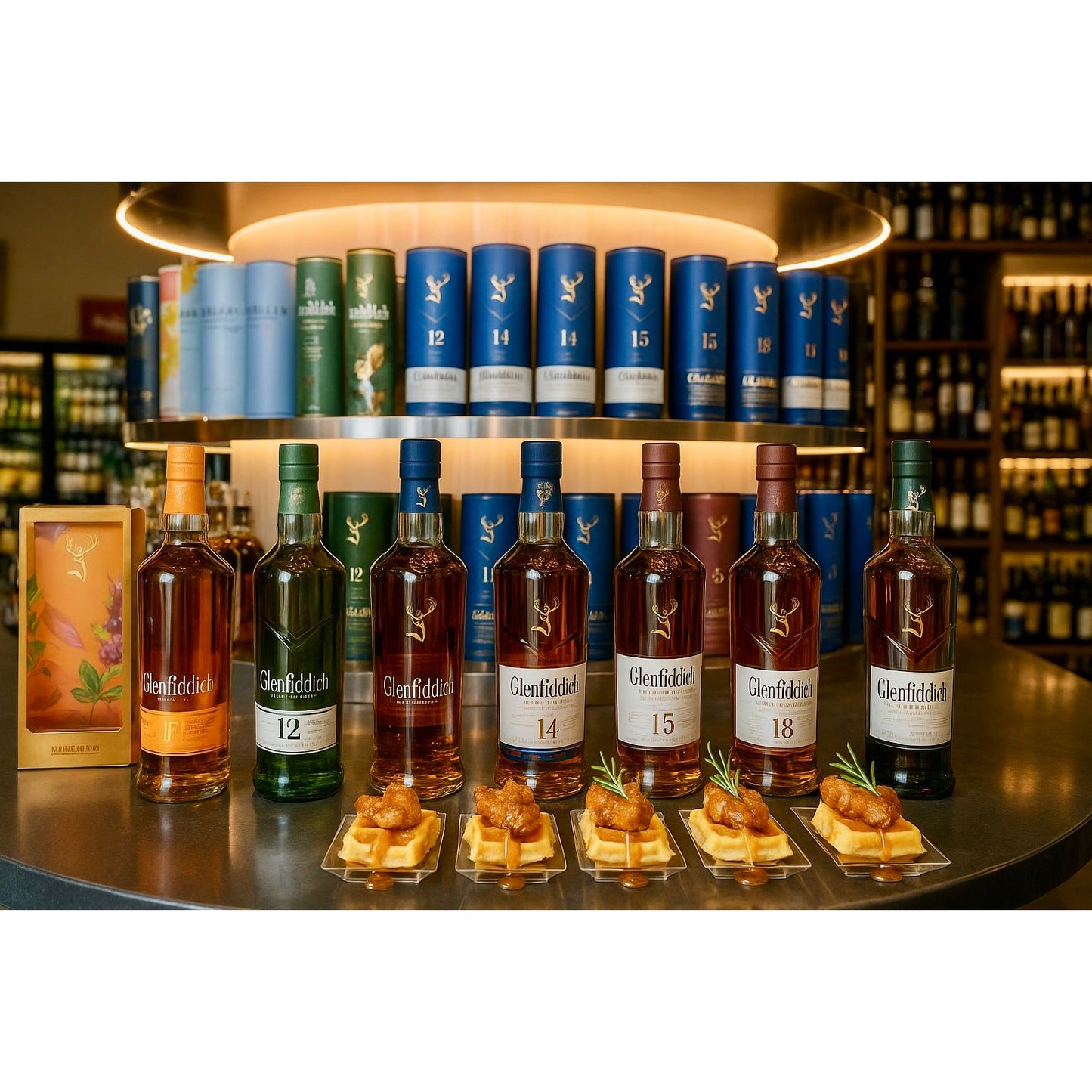 Liquor Lineup's The Glenfiddich Whisky Food Pairing Experience Chicken and Waffle Sliders with pours of The Glenfiddich -Plus Super Pours Russell’s Reserve 13 and Glenfiddich 30